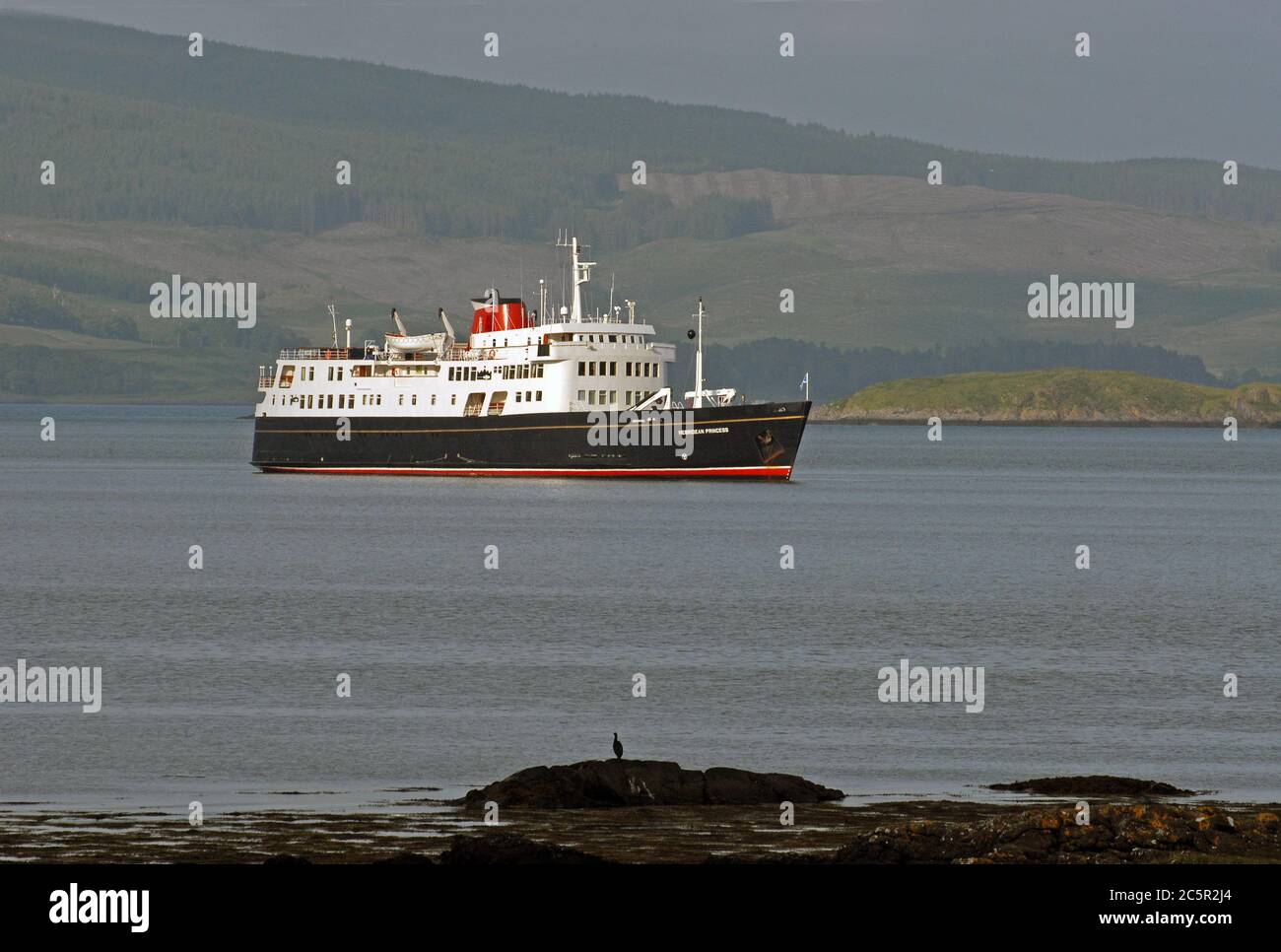 HEBRIDEAN PRINCESS at her overnight anchorage in SALEN BAY, SOUND OF MULL, ISLE OF MULL, SCOTLAND Stock Photo