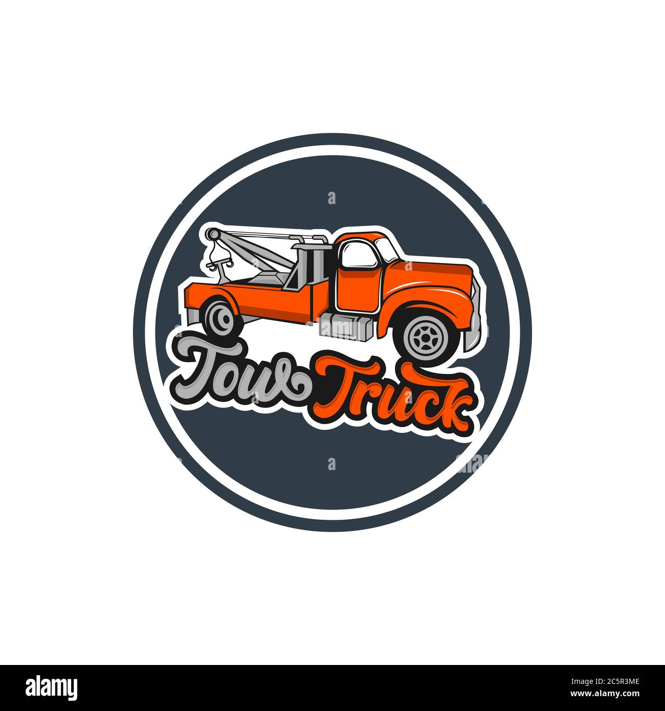 Tow truck emblem. Wrecker icon. Round the clock evacuation of cars. Design can be used as a logo, a poster, advertising, signboard. Vector element of Stock Vector