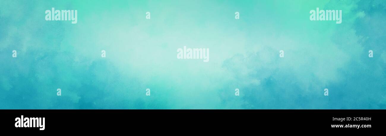 blue green watercolor background with texture and abstract white center and cloudy painted border design Stock Photo