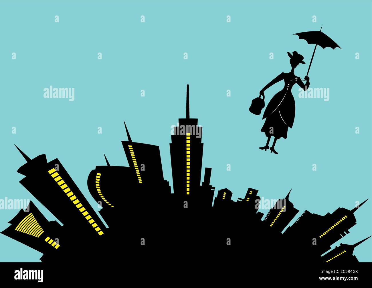 skyline of modern city, business woman concept. Mary Poppins