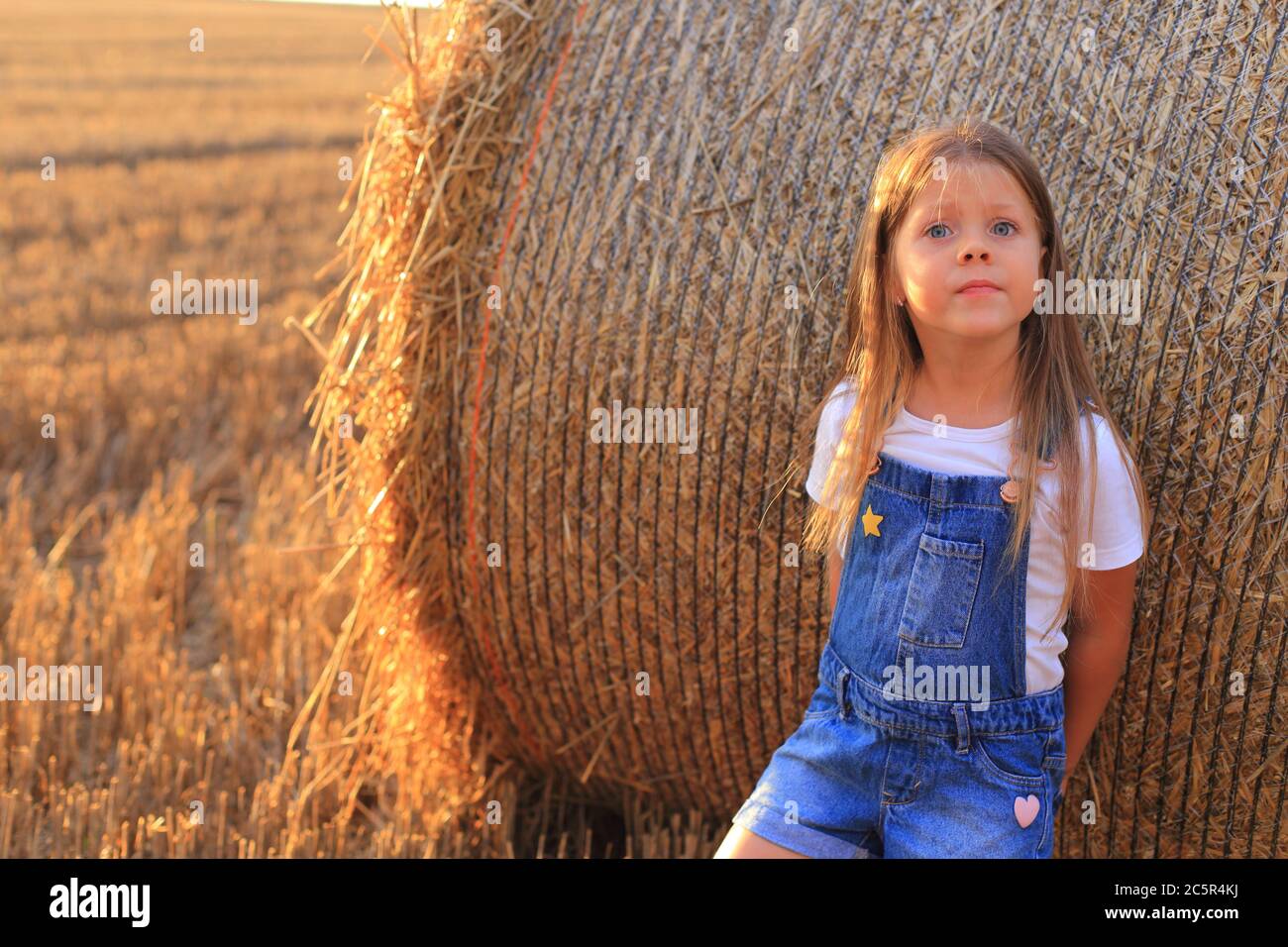 Beautiful little girl stands near a haystack in a summer field Stock ...