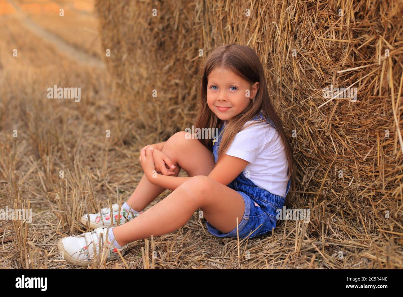 Beautiful little girl stands near a haystack in a summer field Stock ...