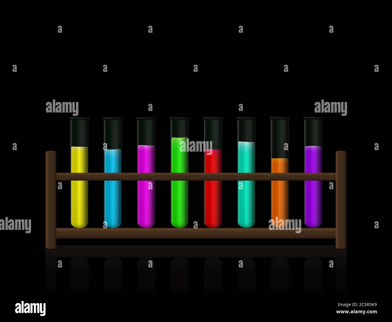 Chemical substances. Neon colored fluorescent toxic liquids in a test tube rack. Wooden holder with radiant colored fluids in eight laboratory glasses. Stock Photo