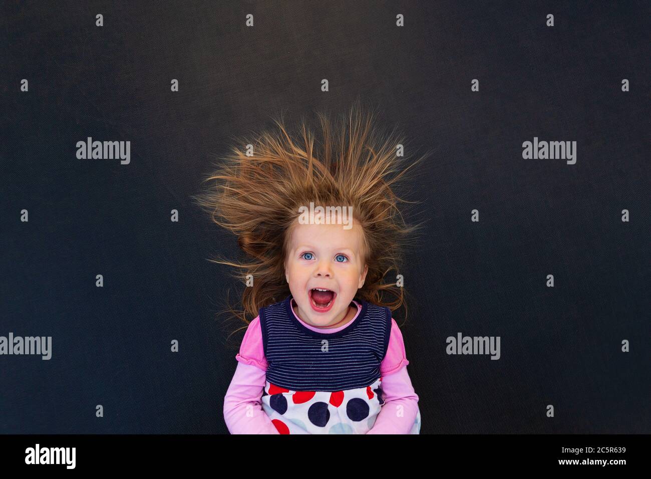 Portrait of a girl with electrified hair on a black background Stock Photo
