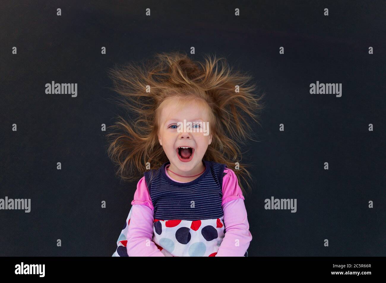 Portrait of a girl with electrified hair on a black background Stock Photo