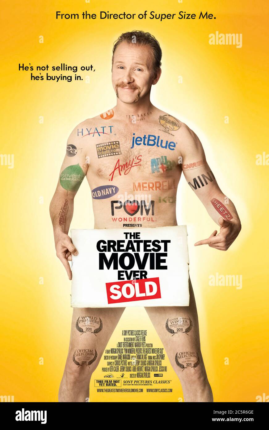 The Greatest Movie Ever Sold (2011) directed by Morgan Spurlock and starring J.J. Abrams, Peter Berg, Paul Brennan and Noam Chomsky. Documentary about advertising, branding and product placement financed entirely through those means. Stock Photo