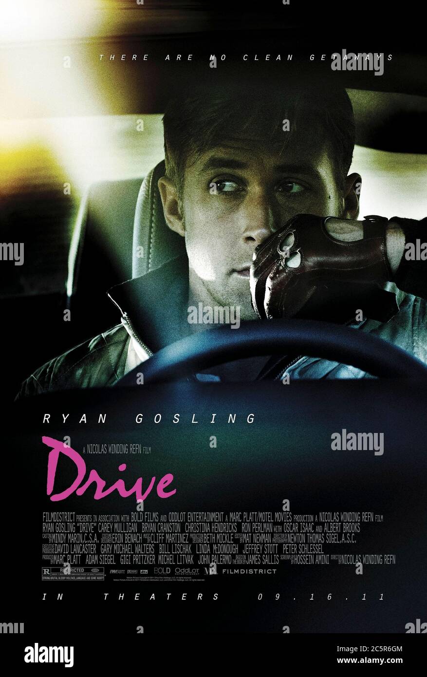 Drive (2011) directed by Nicolas Winding Refn and starring Ryan Gosling, Carey Mulligan, Bryan Cranston and Oscar Isaac. A Hollywood stuntman moonlights as a criminal getaway driver. Stock Photo