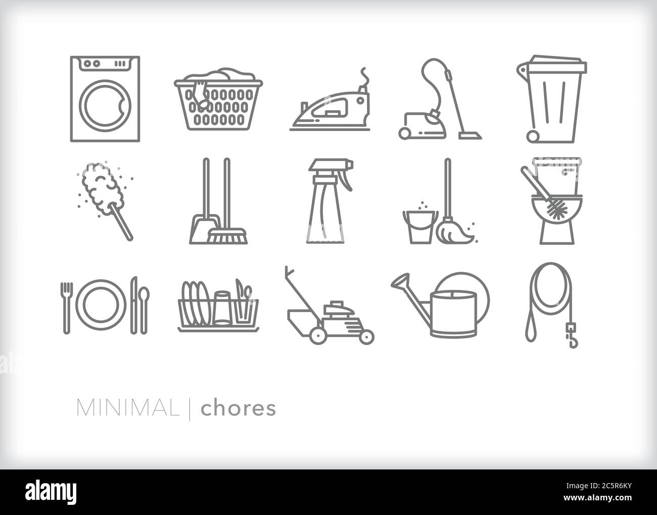 Set of 15 chores line icons for cleaning and doing housework Stock Vector