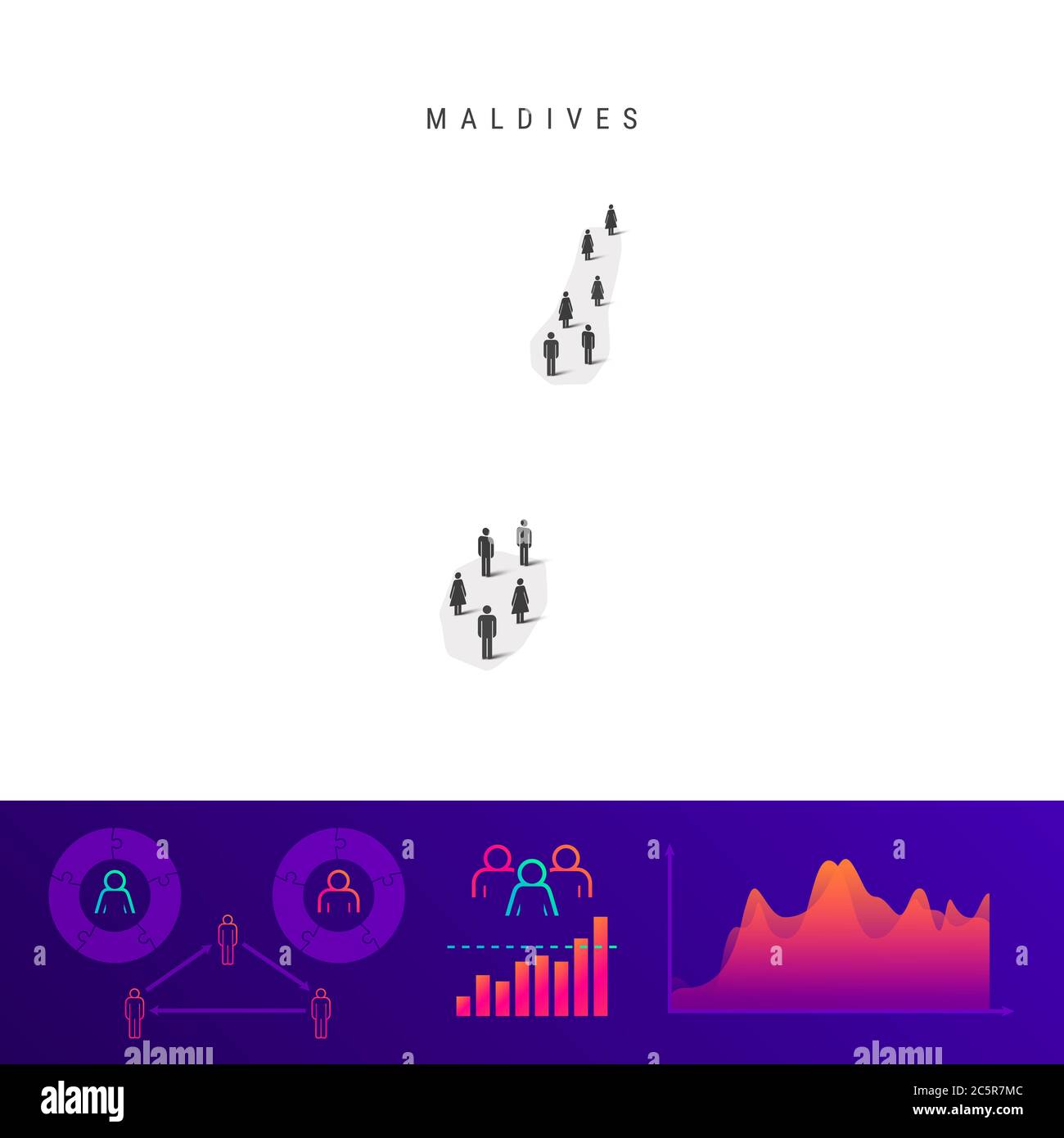 Maldivian people map. Detailed silhouette. Mixed crowd of men and women icons. Population infographic elements. illustration isolated on white. Stock Photo