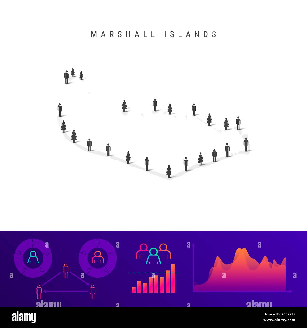 Marshall Islands people map. Detailed silhouette. Mixed crowd of men and women icons. Population infographic elements. illustration isolated on white. Stock Photo