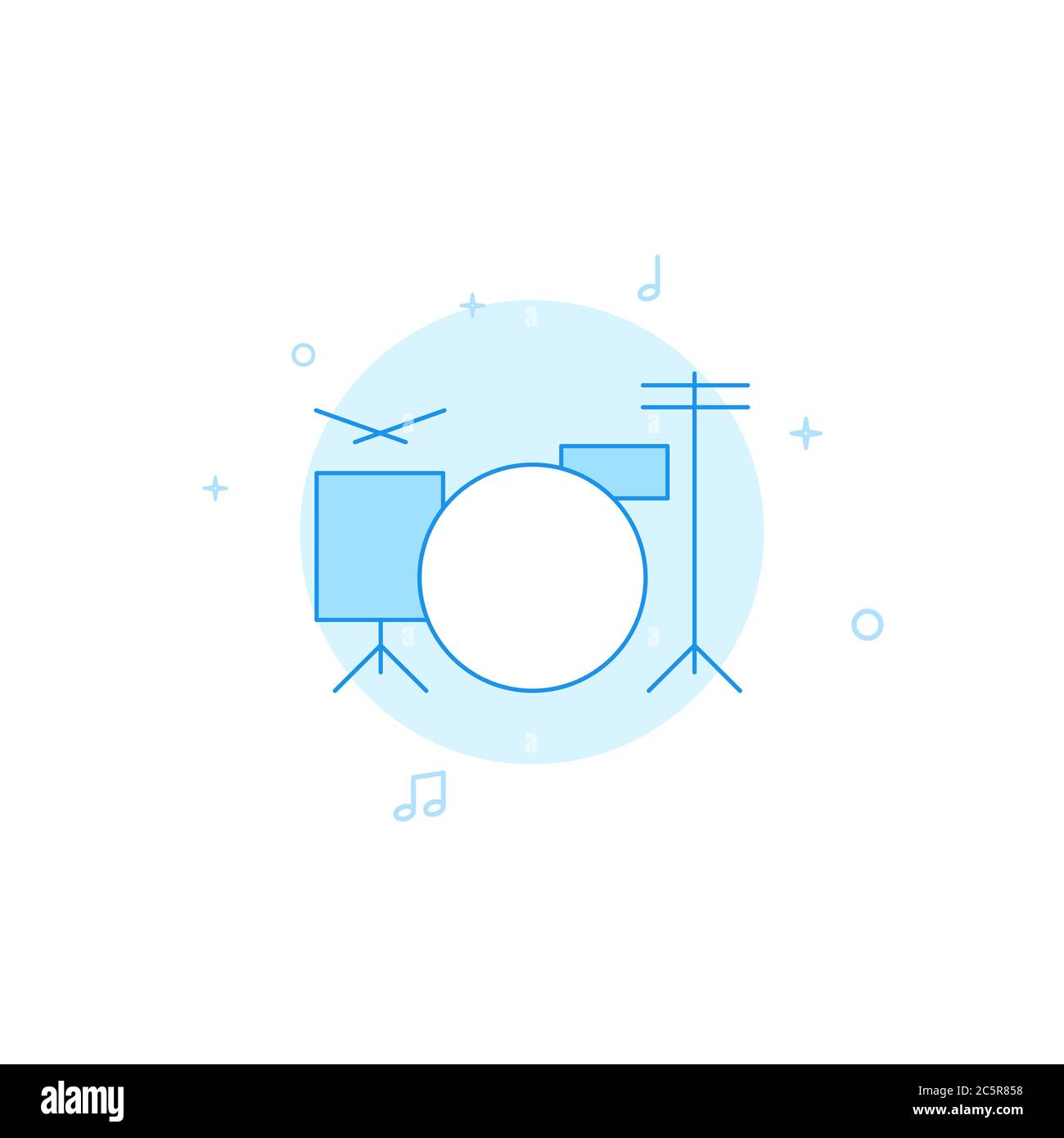 Drums, drum kit, drummer icon. Flat illustration. Filled line style. Blue monochrome design. Stock Photo