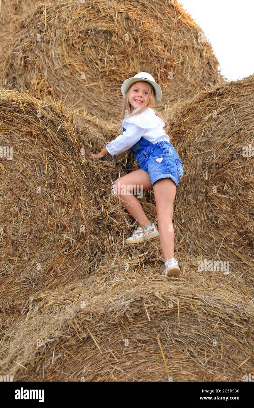 Portrait of a little girl on a haystack in summer Stock Photo - Alamy