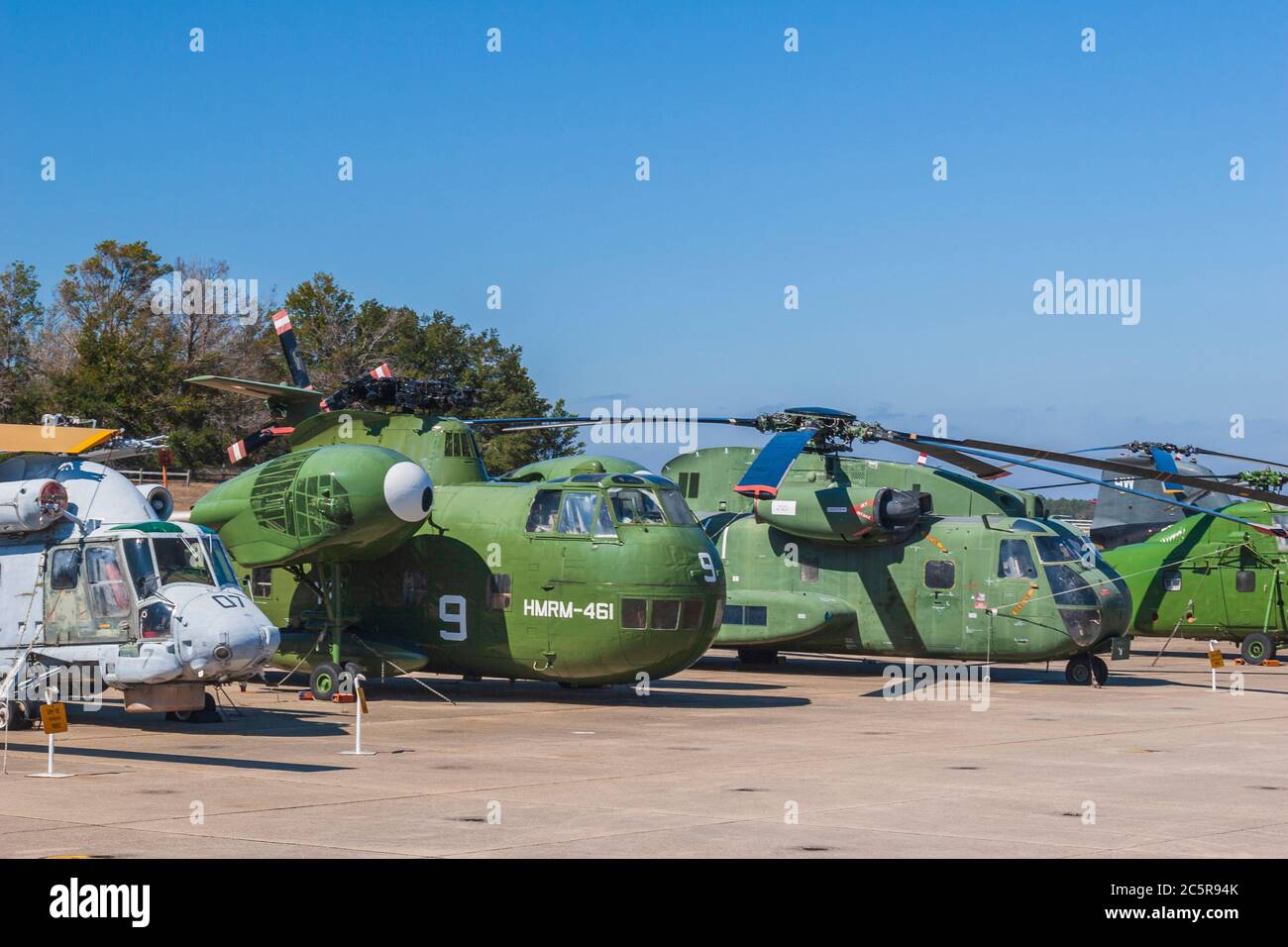 Military helicopters at the Naval Air Museum at Pensacola, Florida - home of the Blue Angels. Stock Photo