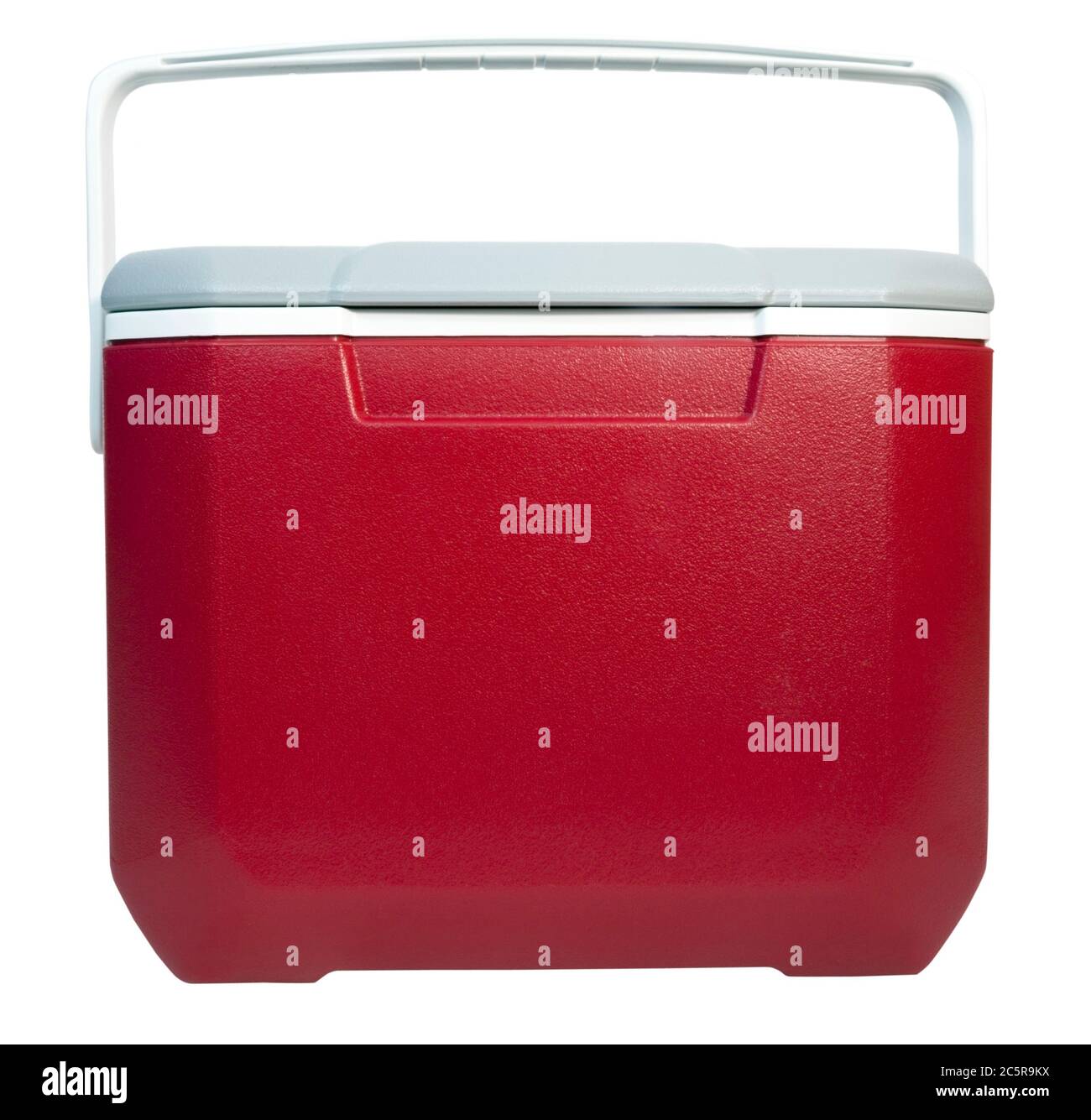 Front view of closed of red and white plastic food and drink cooler. Isolated. Stock Photo