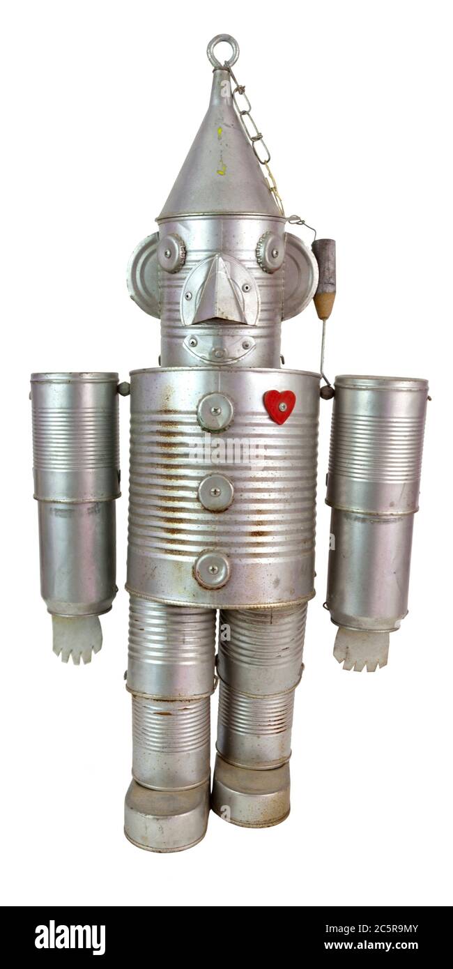 Tin can man made from recyclables. Isolated. Stock Photo