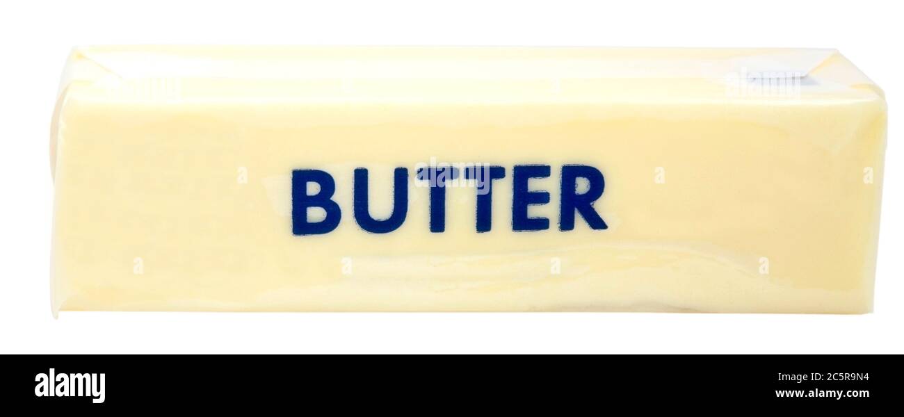 Front and top views of stick of wrapped butter with blue lettering. Isolated. Horizontal. Stock Photo