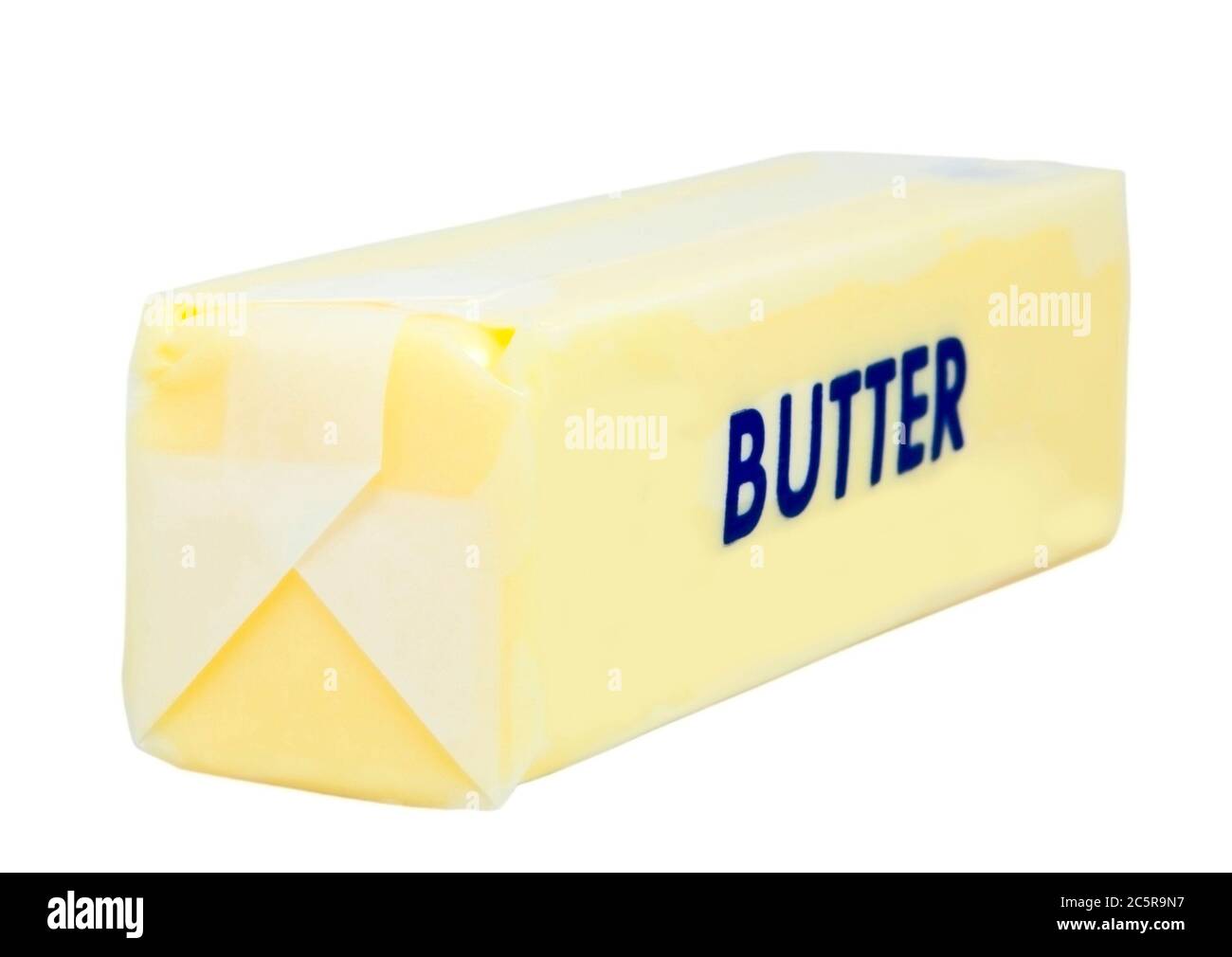 Front and top views of stick of wrapped butter with blue lettering. Isolated. Horizontal. Stock Photo
