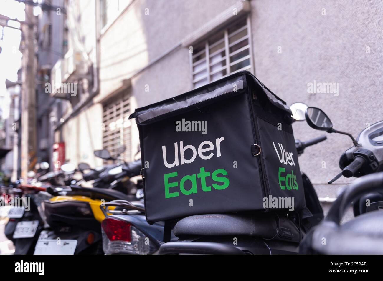 Taipei, Taiwan - April , 2020 : Uber Eats box on a motocycle 