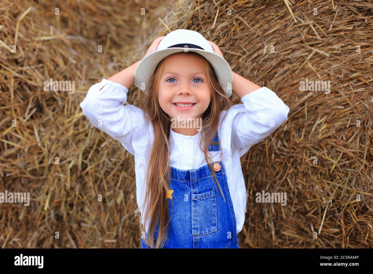 Portrait of a little girl on a haystack in summer Stock Photo - Alamy