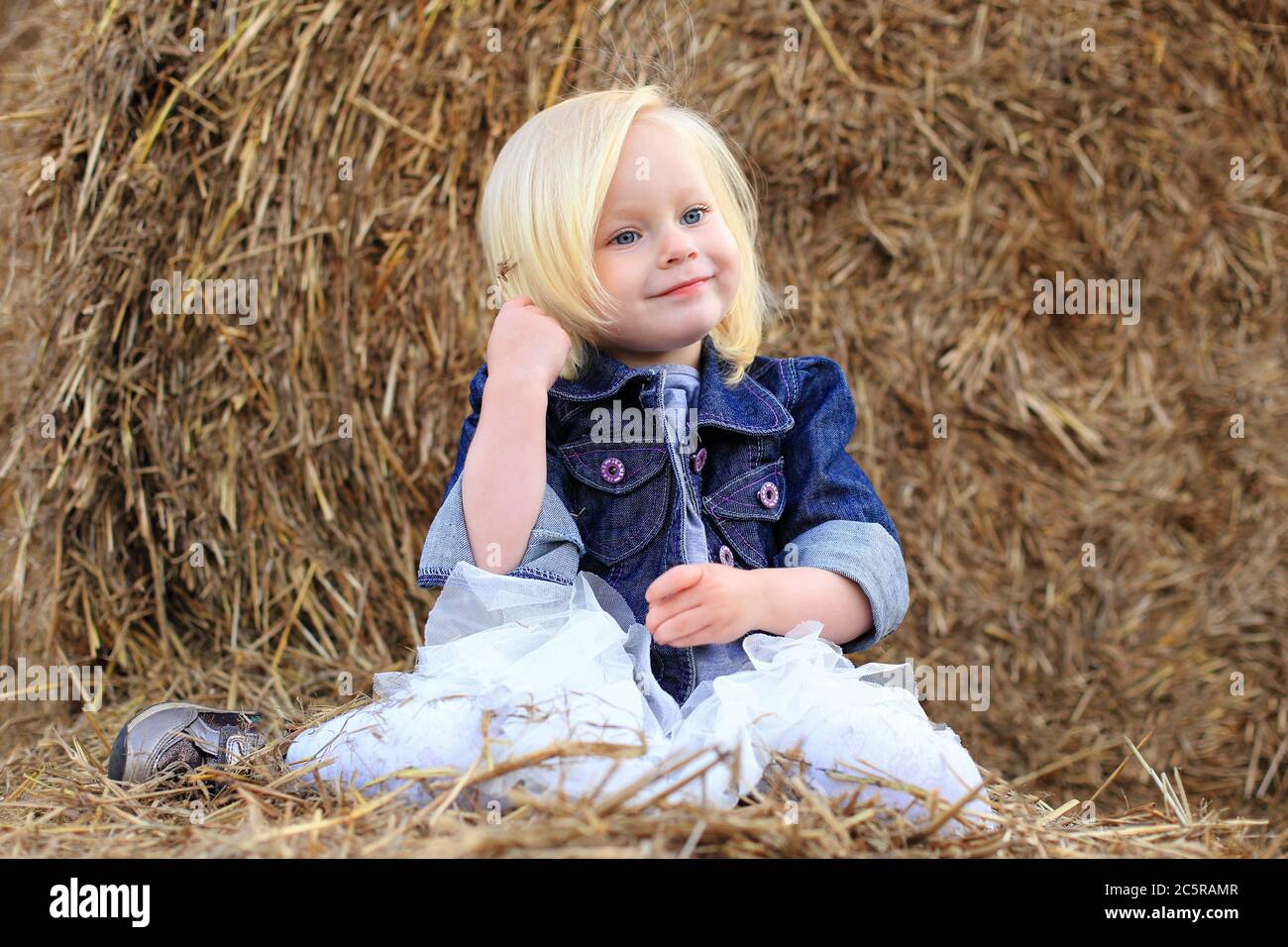 Portrait of a little girl on a haystack in summer Stock Photo - Alamy