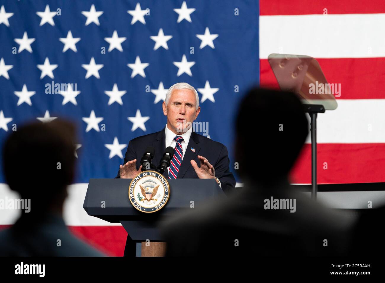 Vice President Mike Pence delivers remarks to employees and guests Thursday, June 25, 2020, at Lordstown Motors in Lordstown, Ohio. (USA) Stock Photo