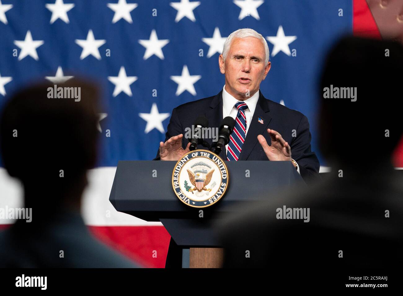 Vice President Mike Pence delivers remarks to employees and guests Thursday, June 25, 2020, at Lordstown Motors in Lordstown, Ohio. (USA) Stock Photo