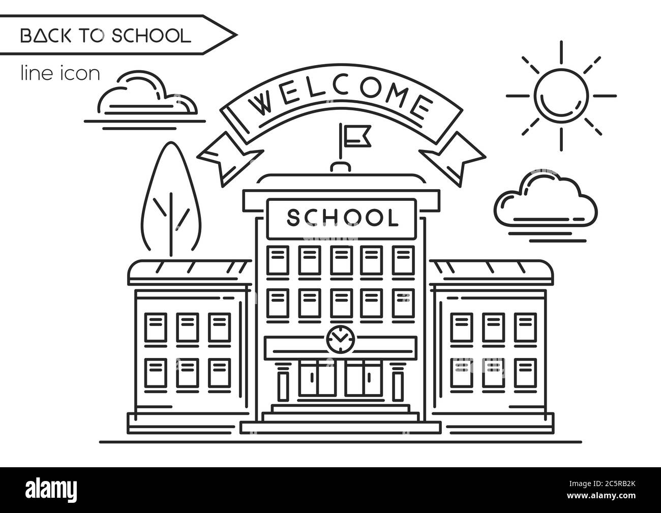 School building. Welcome to school. line logo Stock Vector