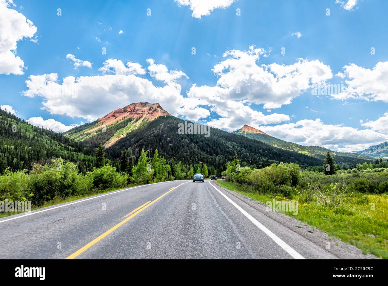 Ouray, Colorado scenic byway in summer Million Dollar Highway 550 road driving pov and Engineer mountain peak to Durango and Silverton Stock Photo