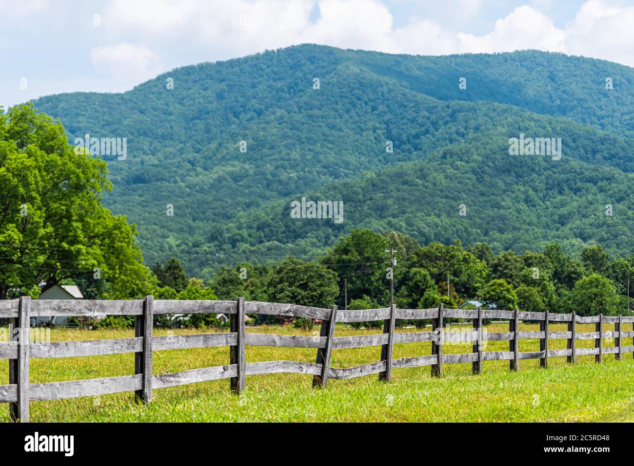 Farm road fence path in Roseland, Virginia near Blue Ridge parkway mountains in summer with idyllic rural landscape countryside in Nelson County Stock Photo
