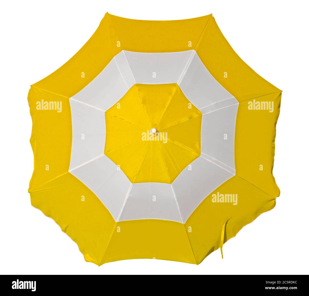 Opened beach umbrella with yellow and white stripes isolated on white