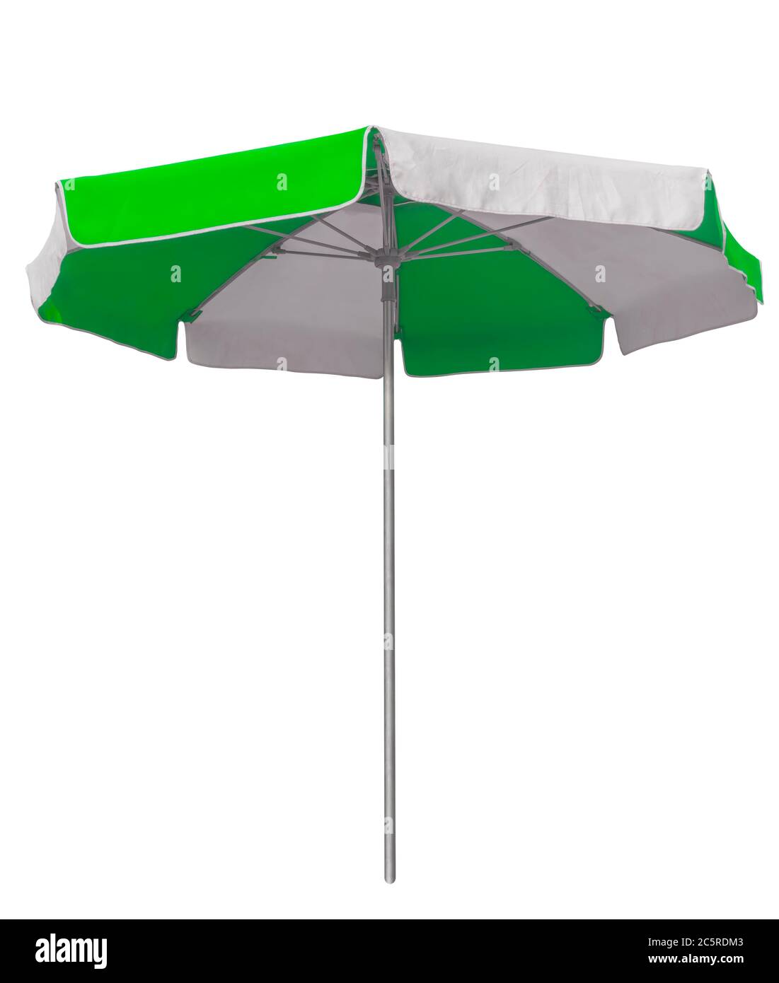 Opened beach umbrella with green and white stripes isolated on white ...
