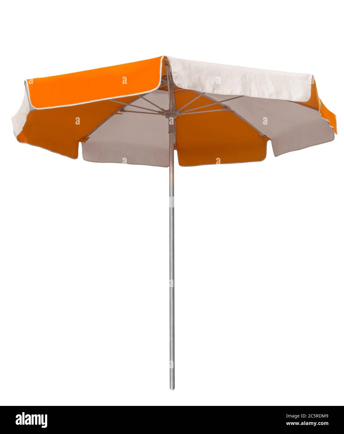 Opened beach umbrella with orange and white stripes isolated on white. Clipping path included. Stock Photo