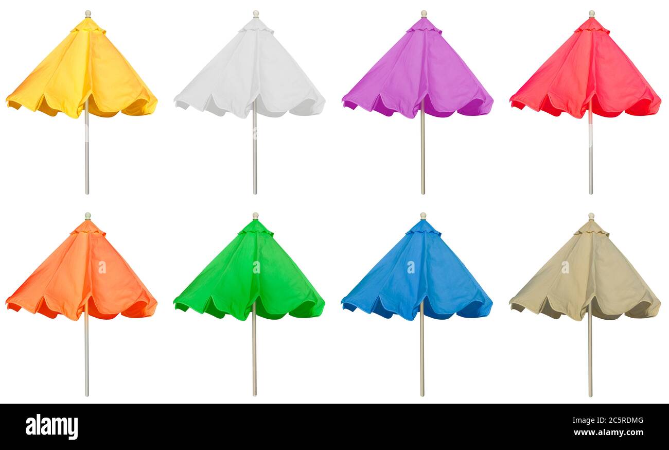 Colorful beach umbrellas isolated on white background Stock Photo - Alamy