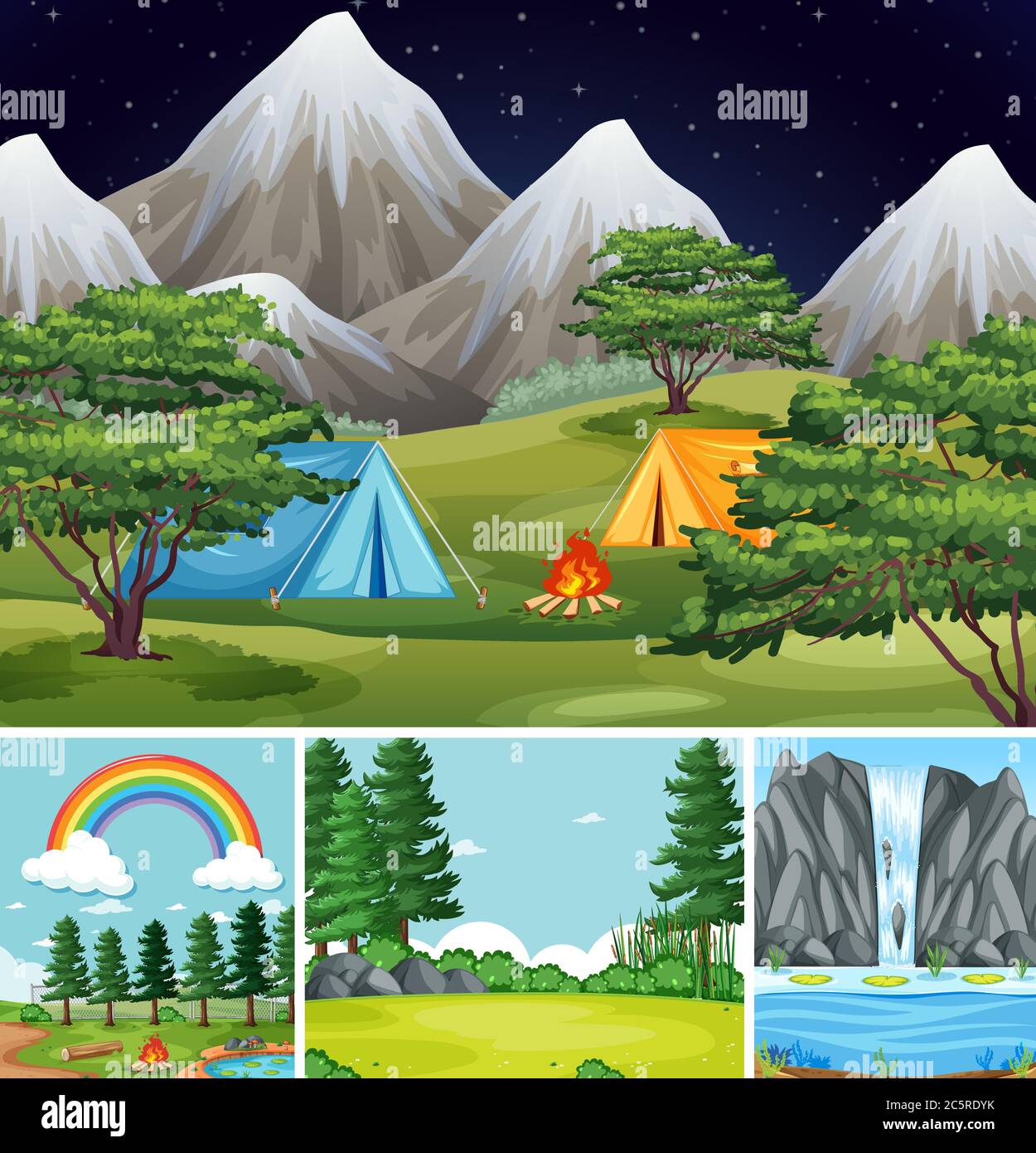 Four different scenes in nature setting cartoon style illustration ...