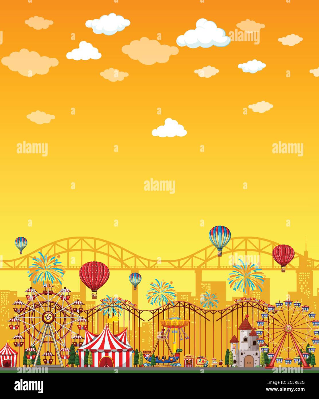 Amusement park scene at daytime with blank yellow sky illustration ...