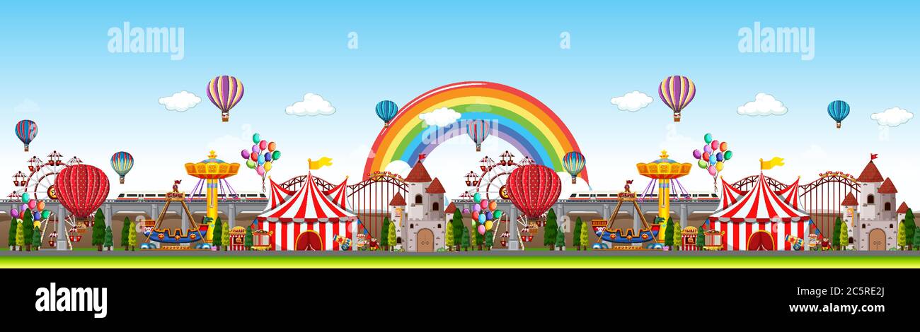 Amusement park panorama scene at daytime with rainbow in the sky ...