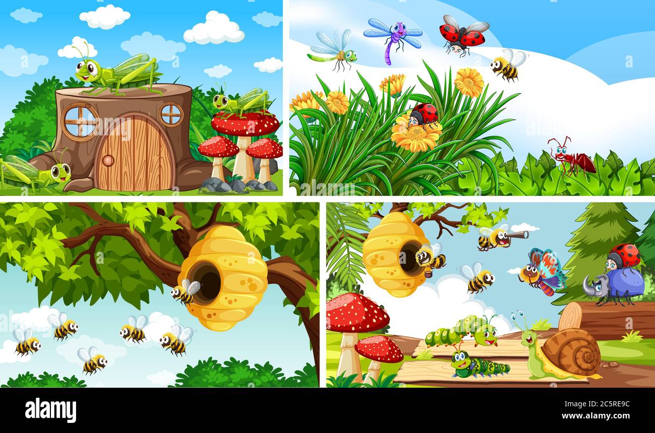 Set of different insects living in the garden background illustration ...