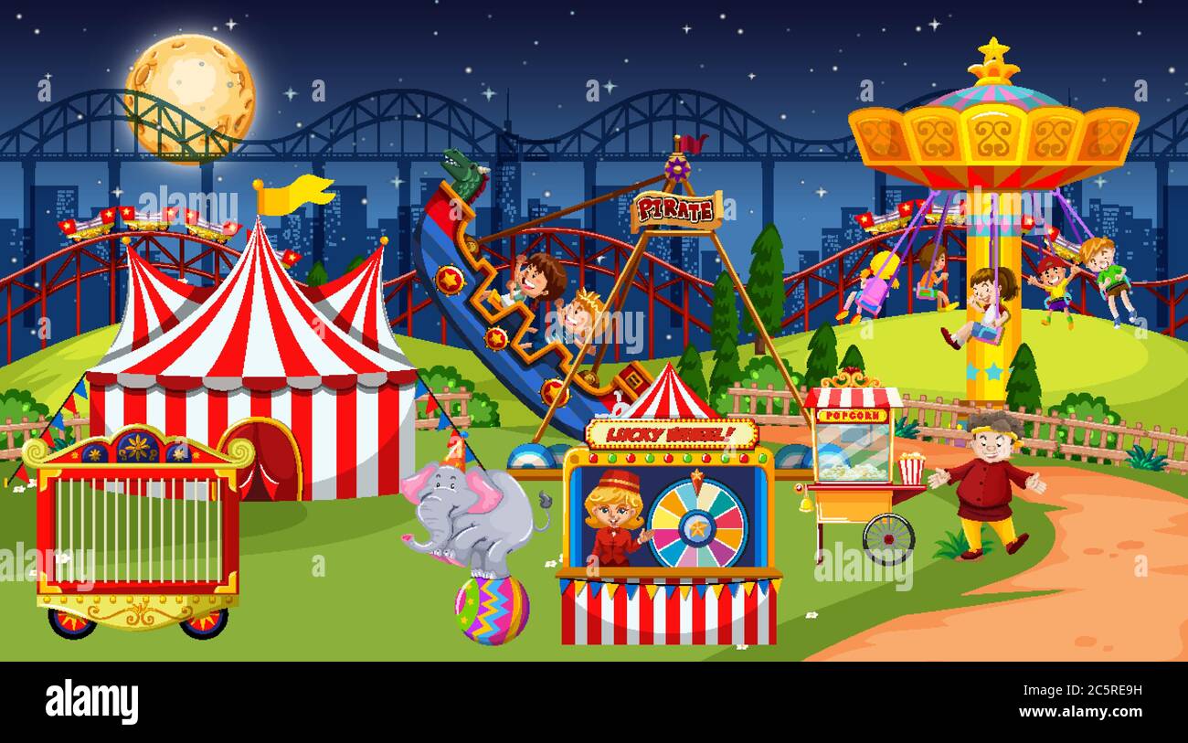 Amusement park scene at night with moon in the sky illustration Stock ...