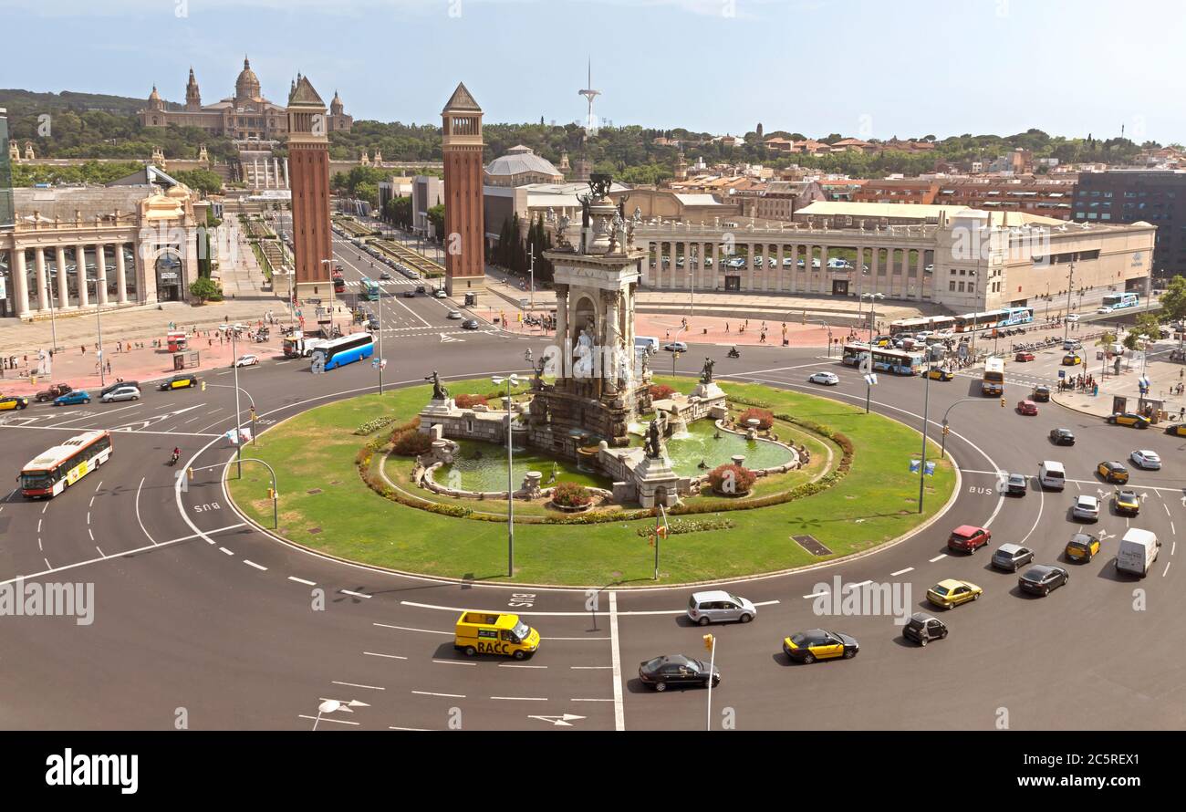 BARCELONA, SPAIN - JULY 8, 2015: View top to The Placa d'Espanya in Barcelona. The most beautiful square in the Catalan capital.  Barcelona, Spain - J Stock Photo