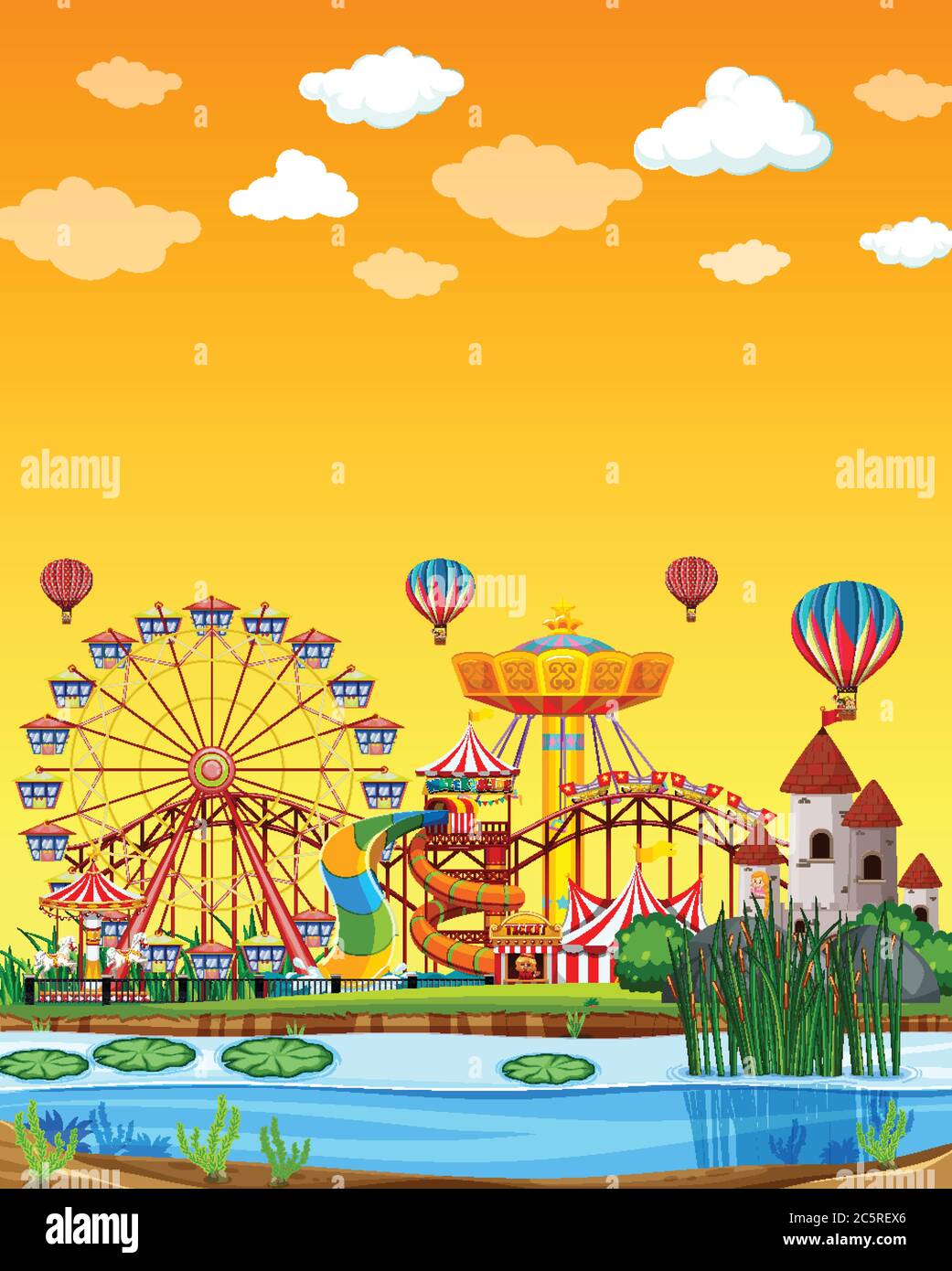 Amusement park with swamp scene at daytime with blank yellow sky ...