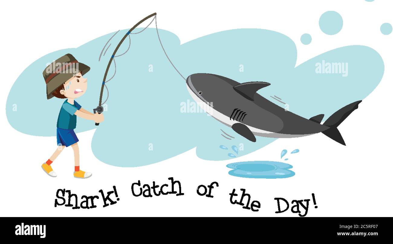Boy fishing baby shark cartoon character with shark catch of the