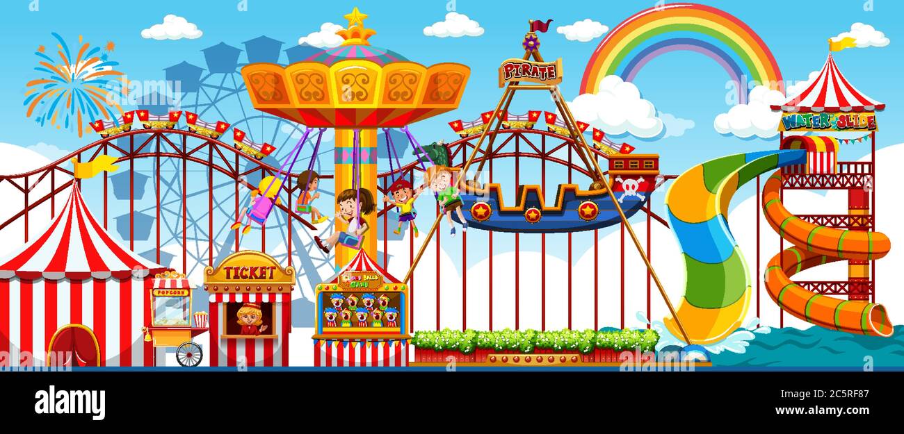 Amusement park scene at daytime with rainbow in the sky illustration ...