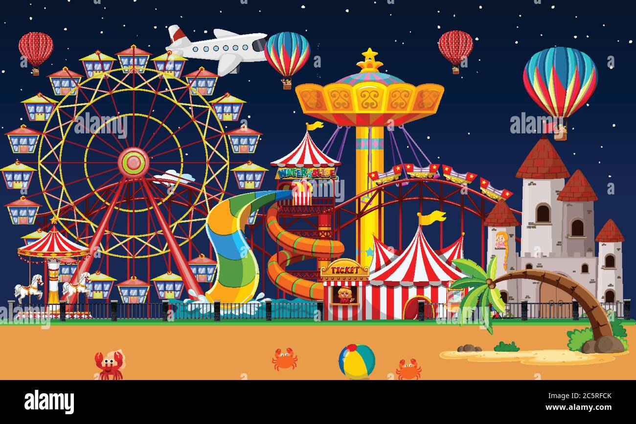 Amusement park scene at night with balloons and plane in the sky ...