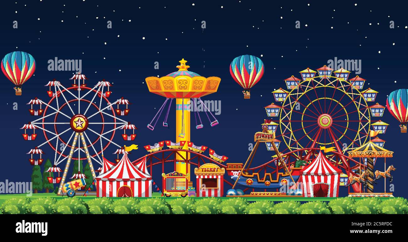 Amusement park scene at night with balloons in the sky illustration ...
