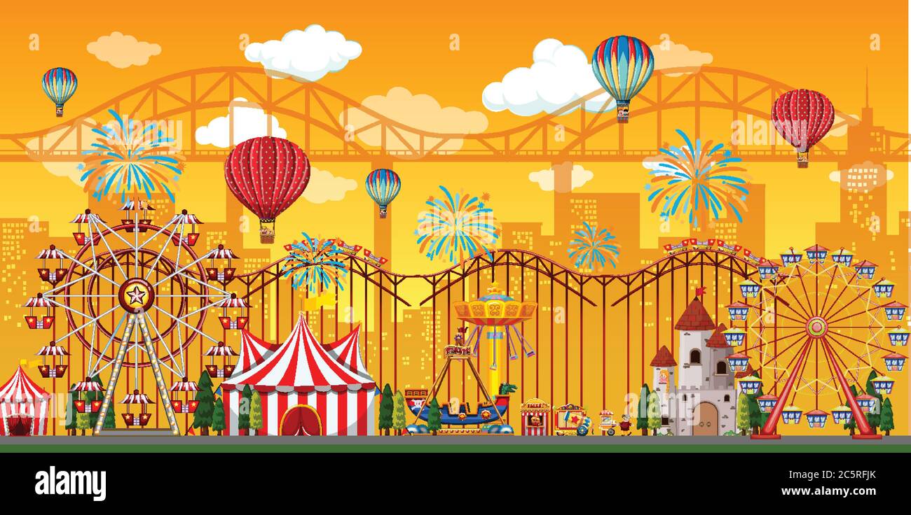 Amusement park scene at daytime with balloons and firework in the sky ...