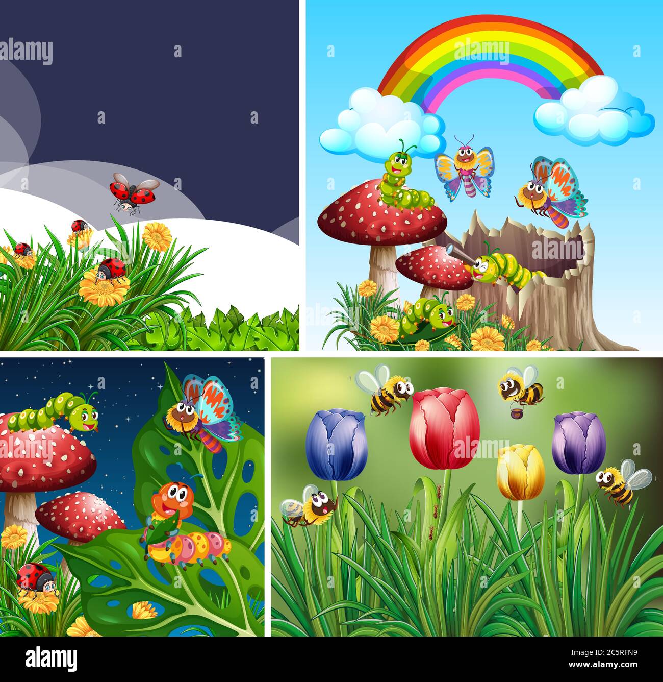 Set of different insects living in the garden background illustration ...