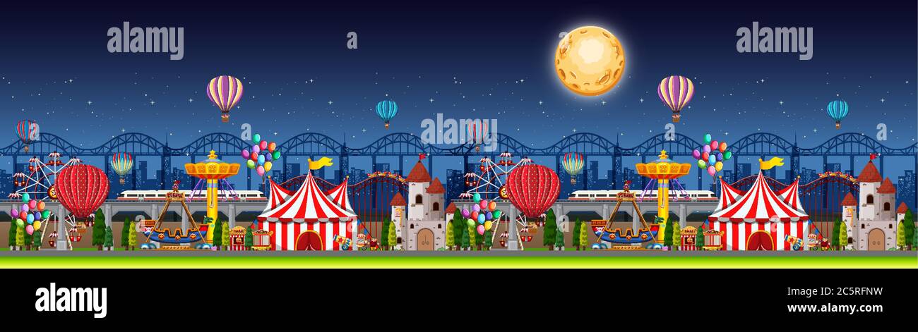 Amusement park scene at night with balloons and moon panorama ...