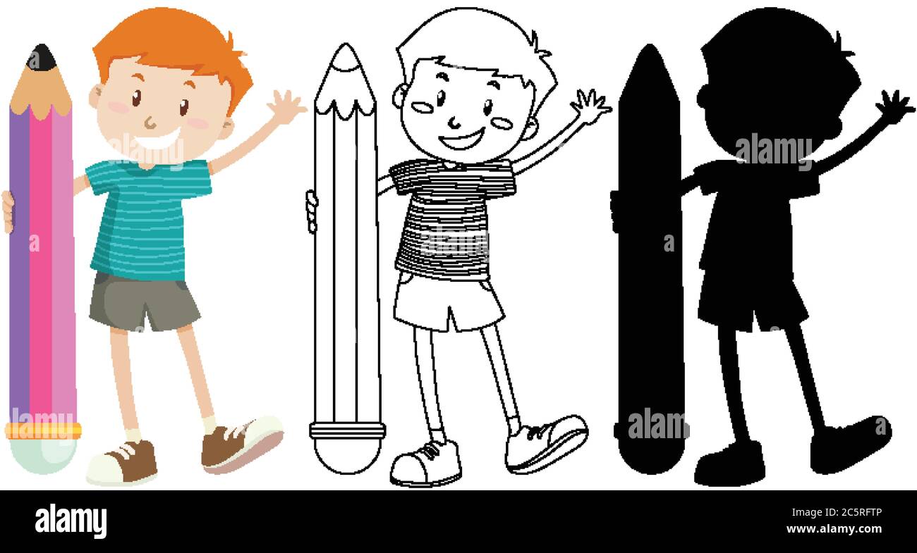 Boy holding big pencil in colour and outline and silhouette ...