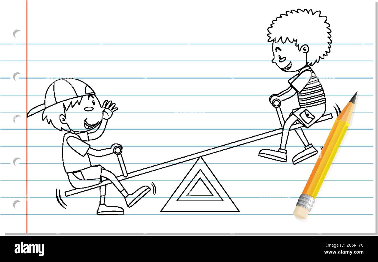 Hand drawing of boy playing seesaw outline illustration Stock Vector ...