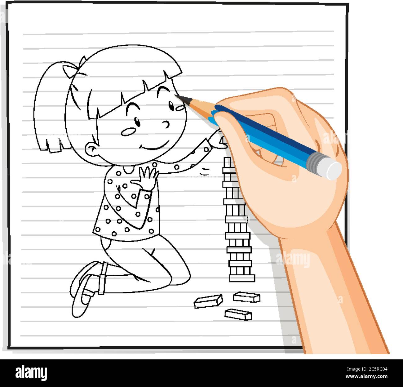 Hand writing cute girl playing domino outline illustration Stock Vector ...